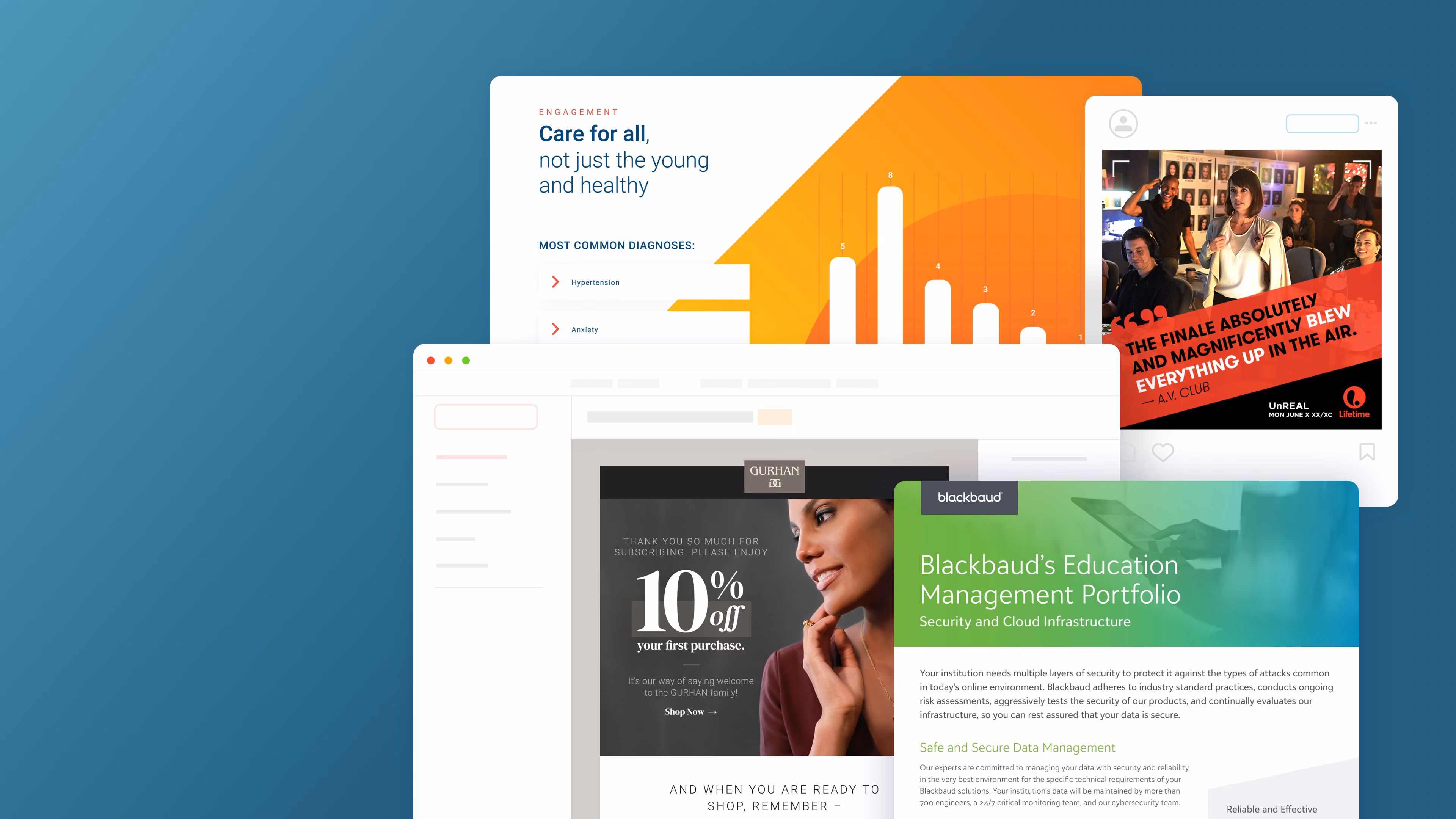 A collage of marketing collateral